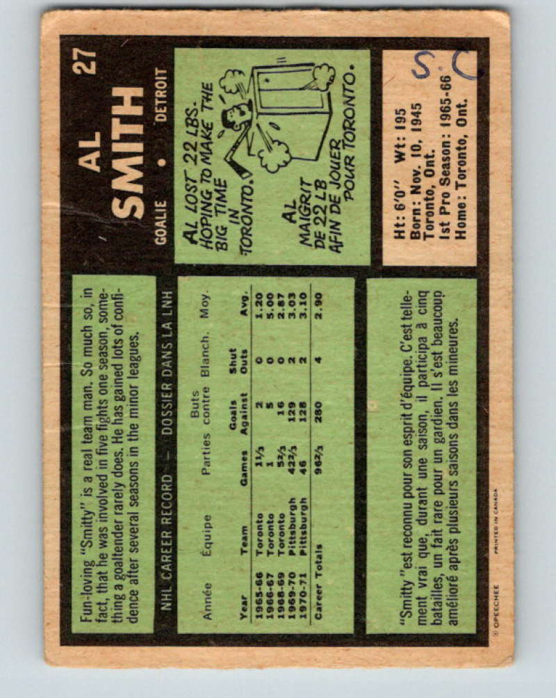 1971-72 O-Pee-Chee #27 Al Smith Detroit Red Wings 8722