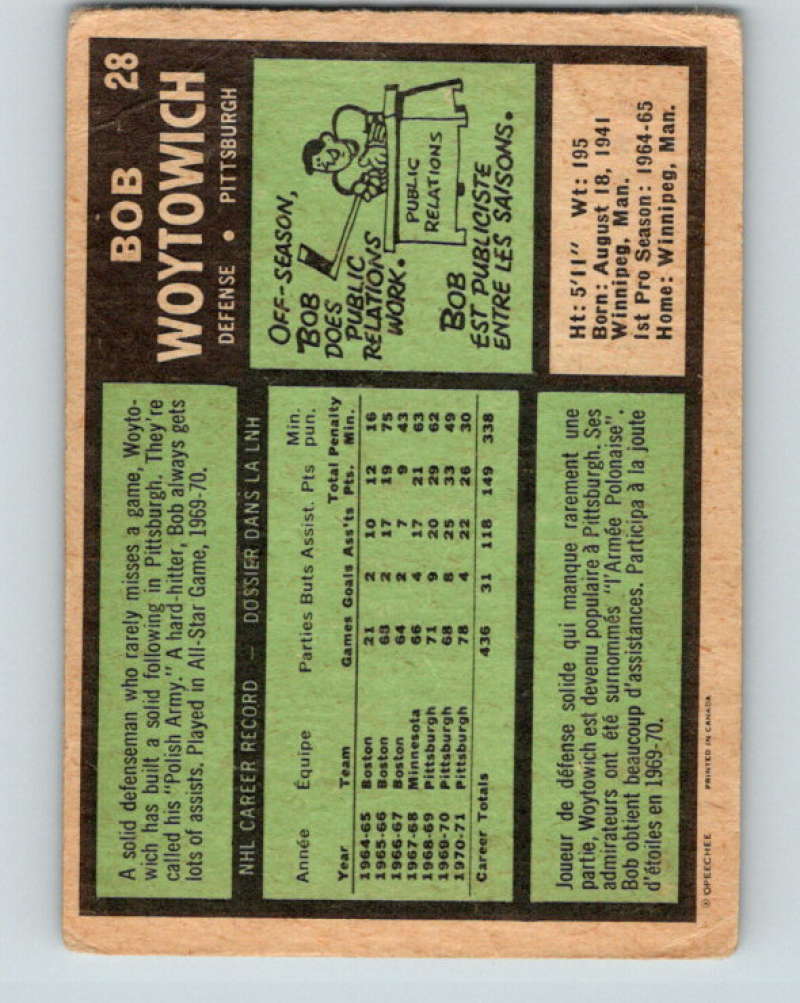 1971-72 O-Pee-Chee #28 Bob Woytowich Pittsburgh Penguins 8723