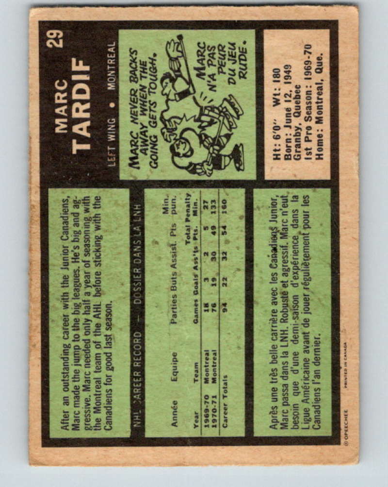 1971-72 O-Pee-Chee #29 Marc Tardif Montreal Canadiens 8724