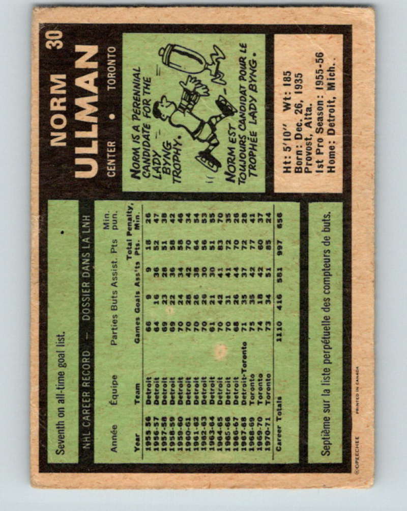 1971-72 O-Pee-Chee #30 Norm Ullman Toronto Maple Leafs 8725