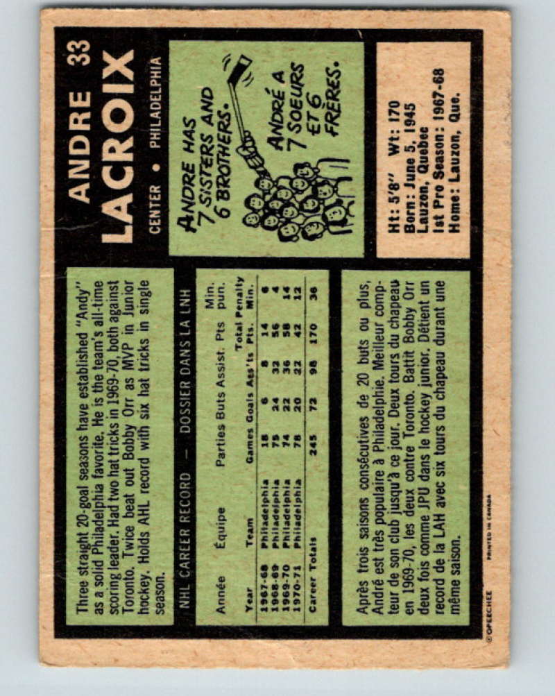 1971-72 O-Pee-Chee #33 Andre Lacroix Philadelphia Flyers 8728