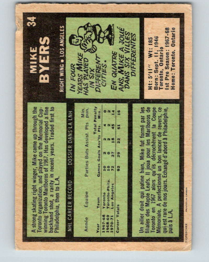 1971-72 O-Pee-Chee #34 Mike Byers Los Angeles Kings 8729