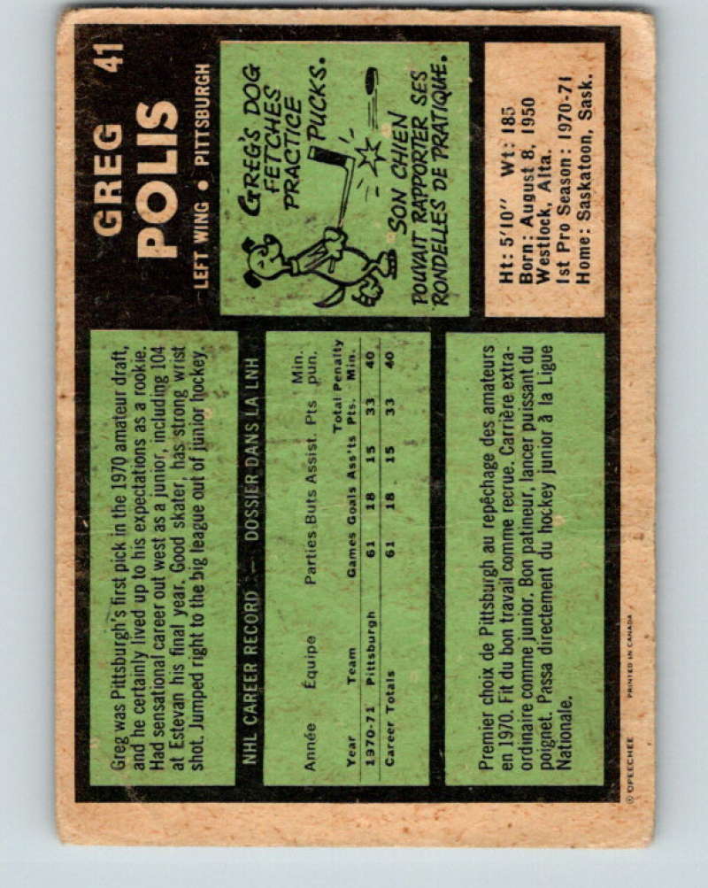 1971-72 O-Pee-Chee #41 Greg Polis RC Rookie Pittsburgh Penguins 8736