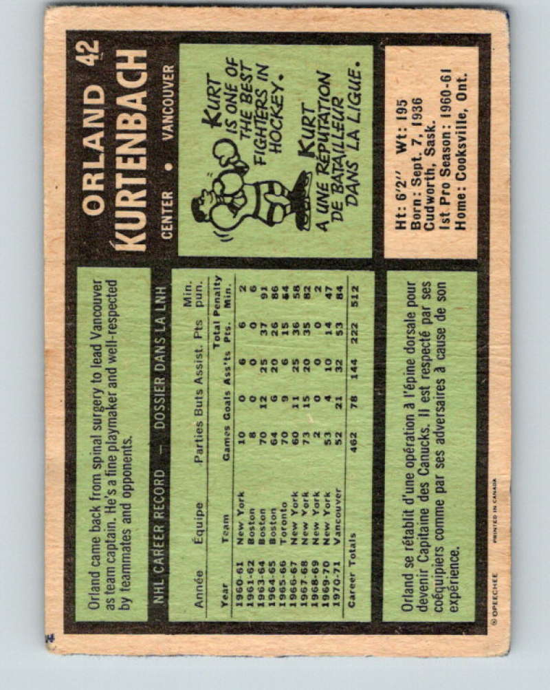 1971-72 O-Pee-Chee #42 Orland Kurtenbach Vancouver Canucks 8737