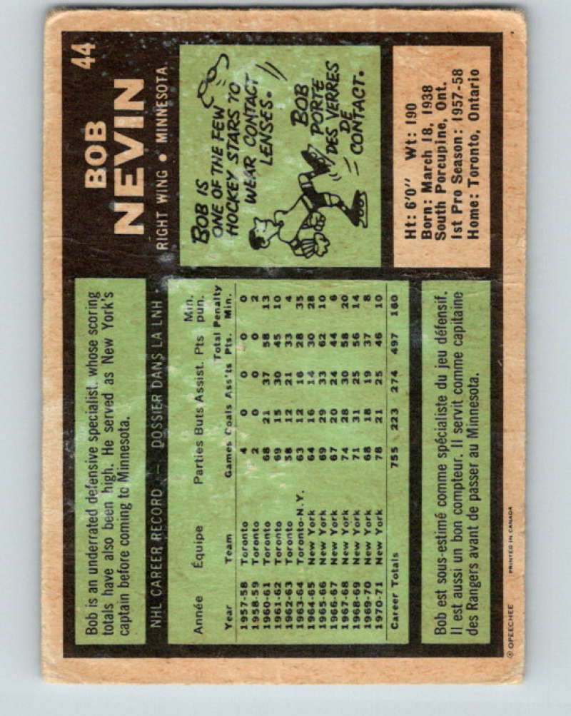 1971-72 O-Pee-Chee #44 Bob Nevin Minnesota North Stars 8739 Image 2