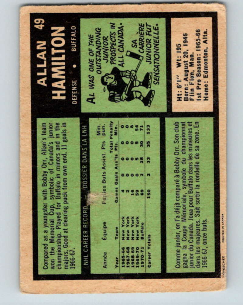 1971-72 O-Pee-Chee #49 Al Hamilton Buffalo Sabres 8744