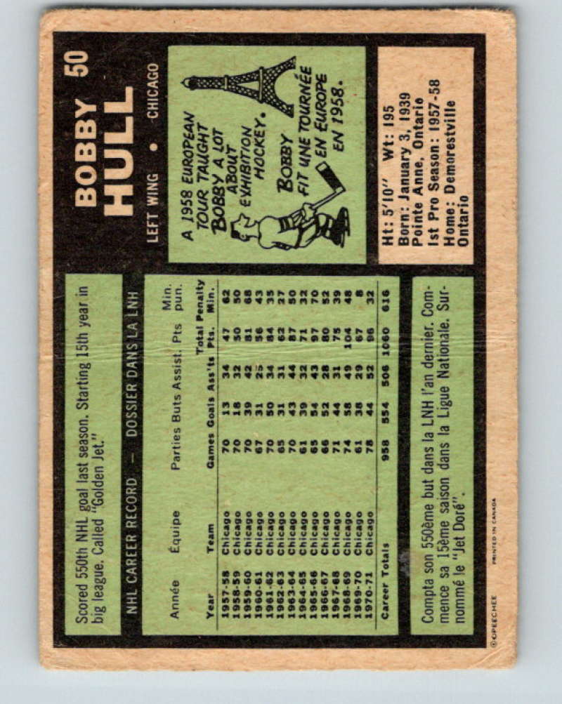 1971-72 O-Pee-Chee #50 Bobby Hull Chicago Blackhawks 8745
