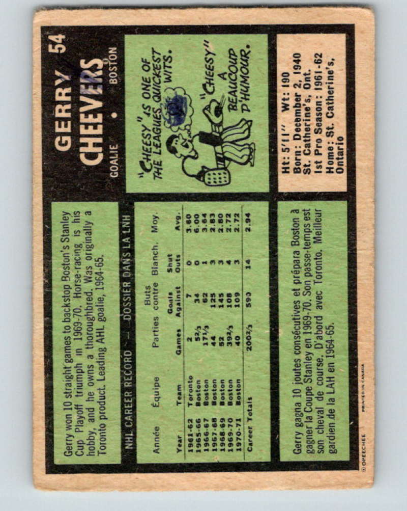 1971-72 O-Pee-Chee #54 Gerry Cheevers Boston Bruins 8749