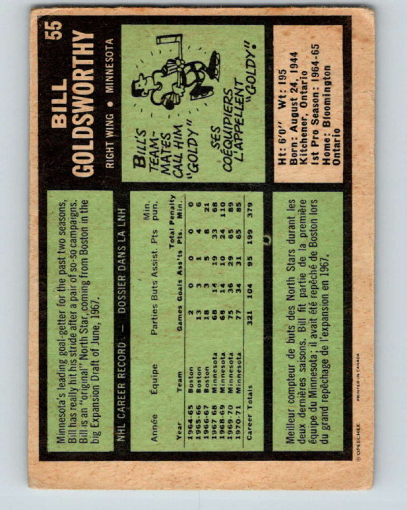 1971-72 O-Pee-Chee #55 Bill Goldsworthy Minnesota North Stars 8750