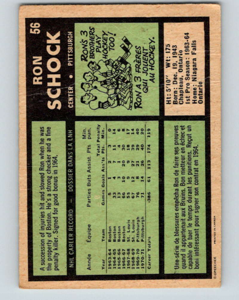 1971-72 O-Pee-Chee #56 Ron Schock Pittsburgh Penguins 8751