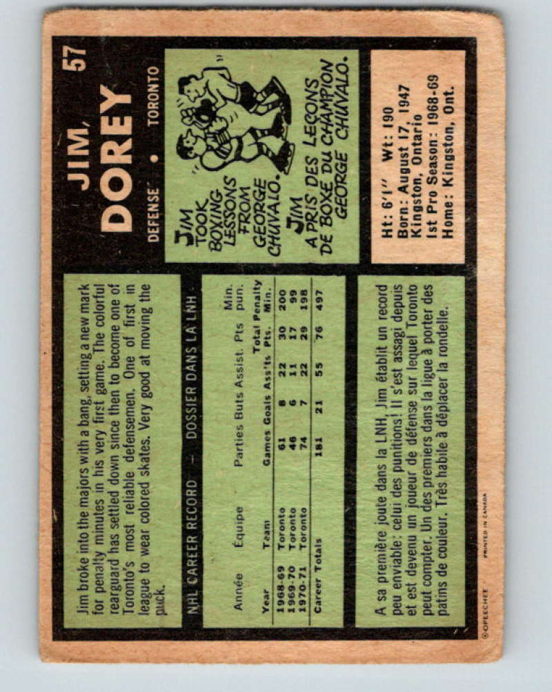 1971-72 O-Pee-Chee #57 Jim Dorey Toronto Maple Leafs 8752