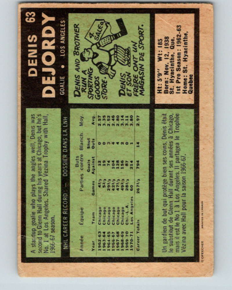 1971-72 O-Pee-Chee #63 Denis DeJordy Los Angeles Kings 8758