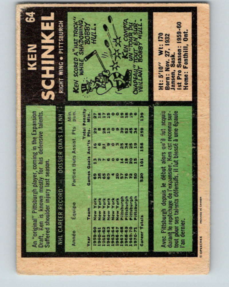 1971-72 O-Pee-Chee #64 Ken Schinkel Pittsburgh Penguins 8759