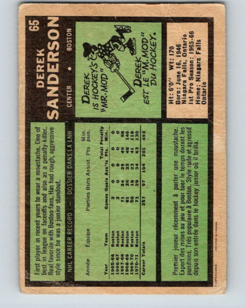 1971-72 O-Pee-Chee #65 Derek Sanderson Boston Bruins 8760
