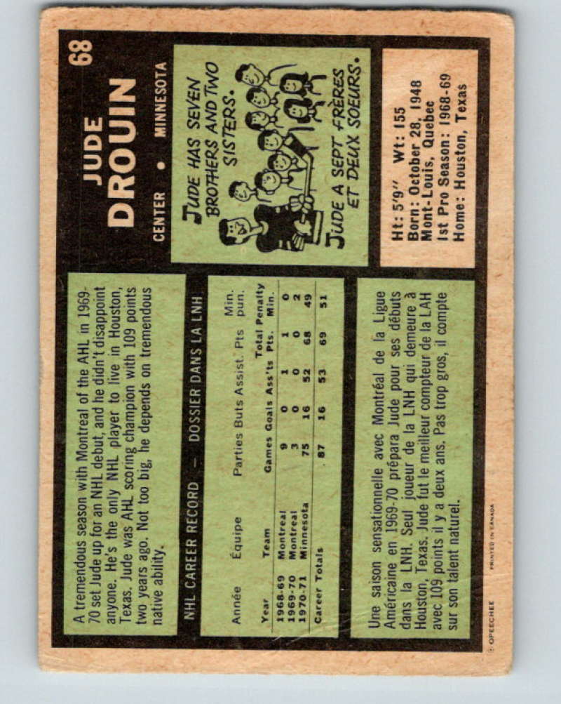 1971-72 O-Pee-Chee #68 Jude Drouin Minnesota North Stars 8763