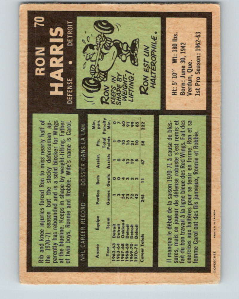 1971-72 O-Pee-Chee #70 Ron Harris Detroit Red Wings 8765 Image 2
