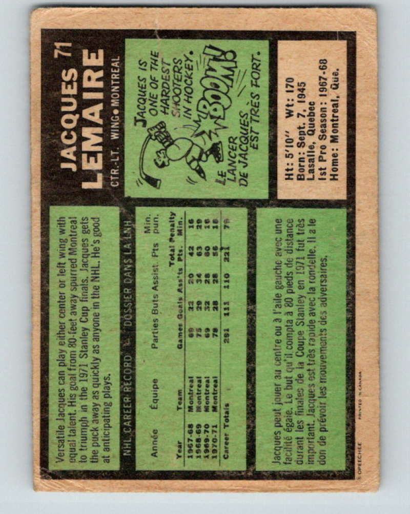 1971-72 O-Pee-Chee #71 Jacques Lemaire Montreal Canadiens 8766 Image 2