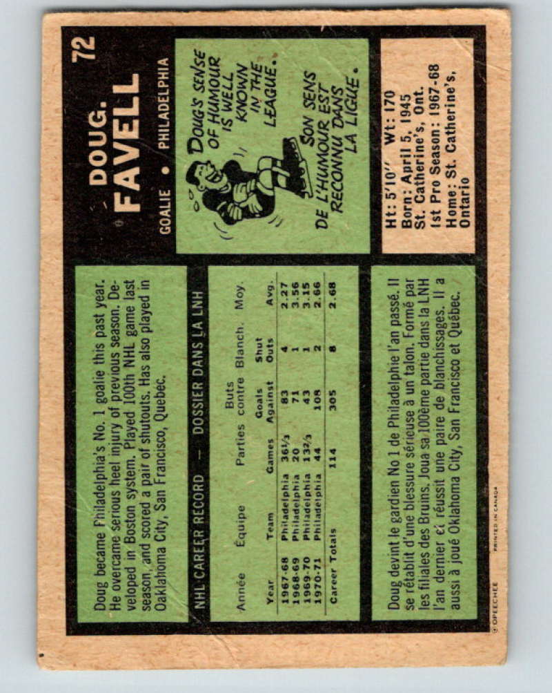 1971-72 O-Pee-Chee #72 Doug Favell Philadelphia Flyers 8767