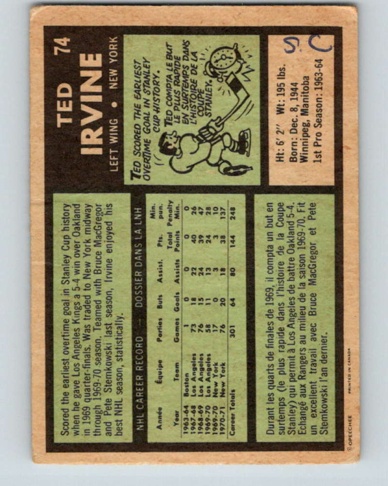 1971-72 O-Pee-Chee #74 Ted Irvine New York Rangers 8769