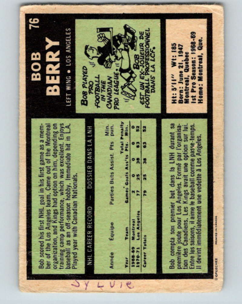 1971-72 O-Pee-Chee #76 Bob Berry RC Rookie Los Angeles Kings 8771