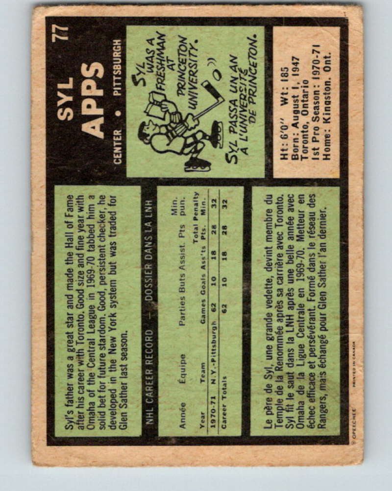 1971-72 O-Pee-Chee #77 Syl Apps Jr. RC Rookie Pittsburgh Penguins 8772 Image 2