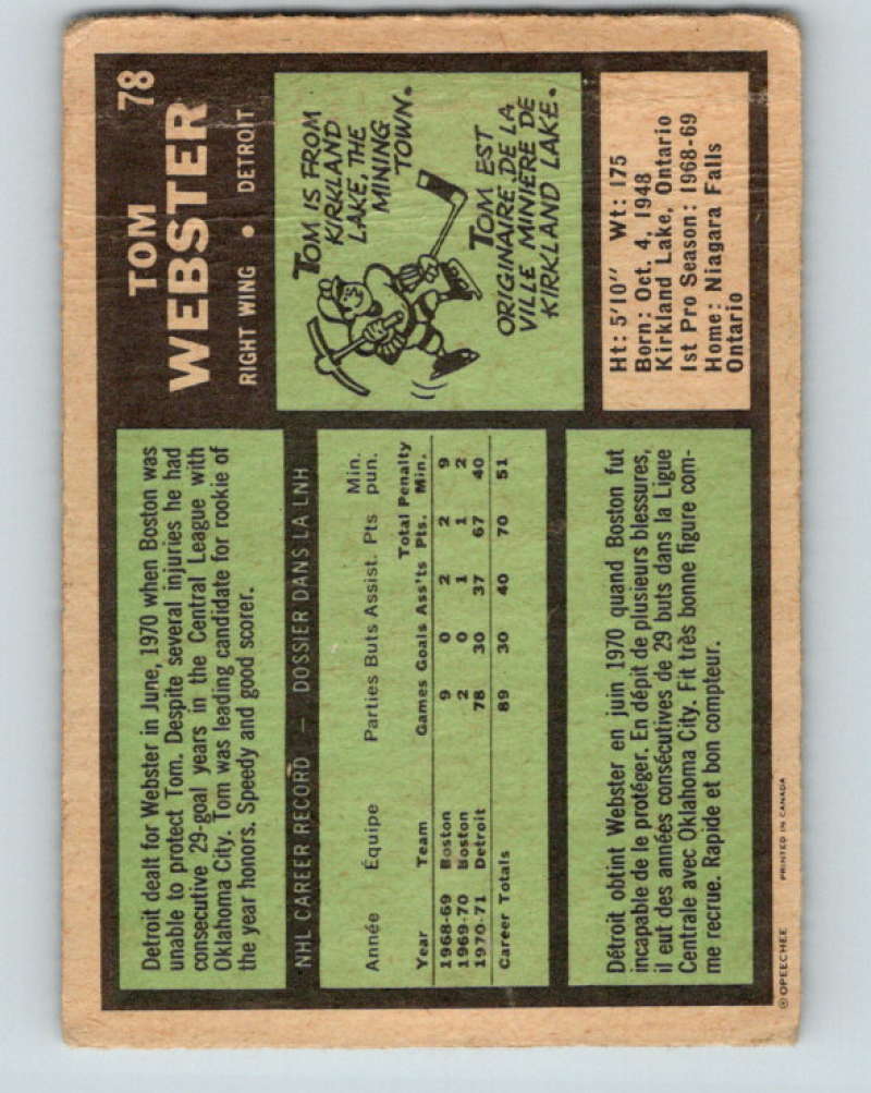1971-72 O-Pee-Chee #78 Tom Webster Detroit Red Wings 8773 Image 2