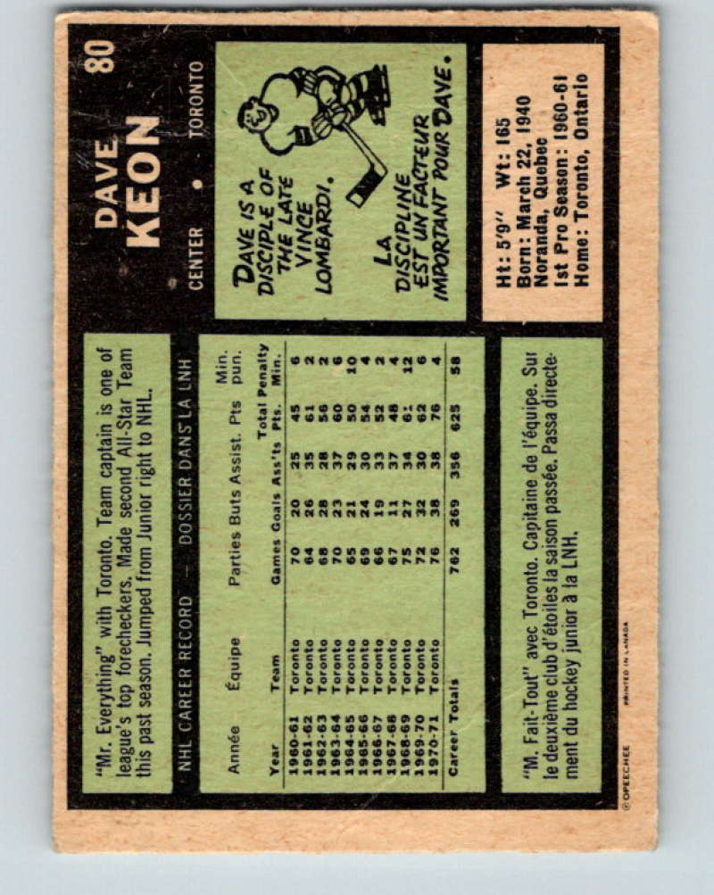 1971-72 O-Pee-Chee #80 Dave Keon Toronto Maple Leafs 8775