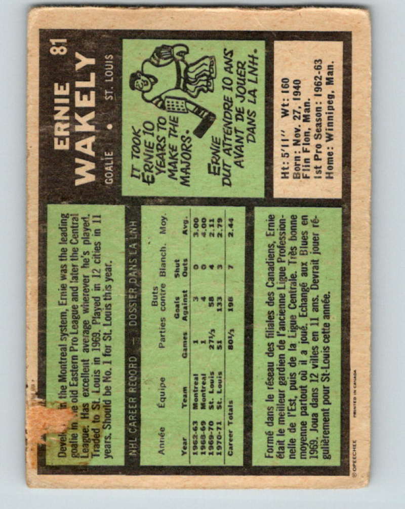1971-72 O-Pee-Chee #81 Ernie Wakely St. Louis Blues 8776