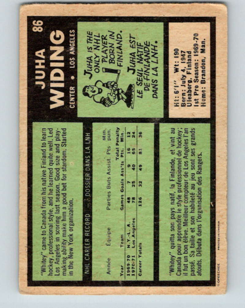 1971-72 O-Pee-Chee #86 Juha Widing RC Rookie Los Angeles Kings 8781 Image 2