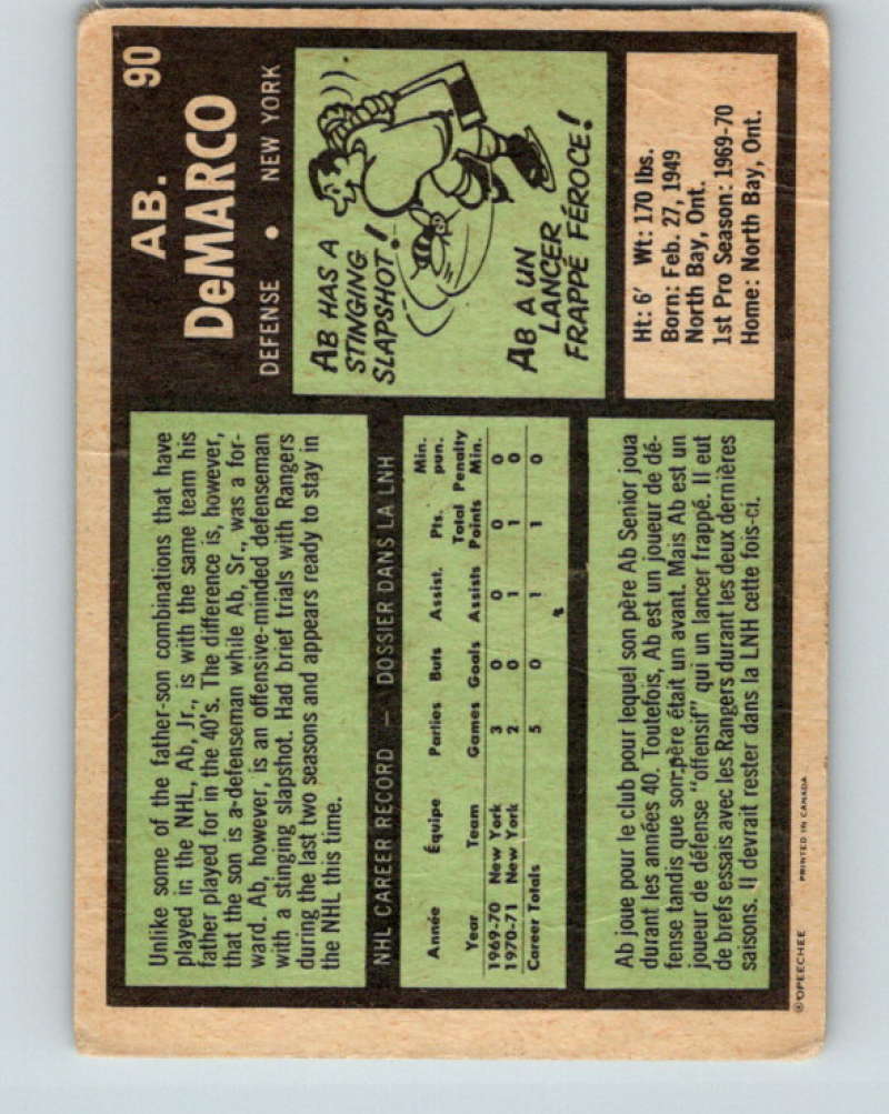 1971-72 O-Pee-Chee #90 Ab DeMarco RC Rookie New York Rangers 8785 Image 2