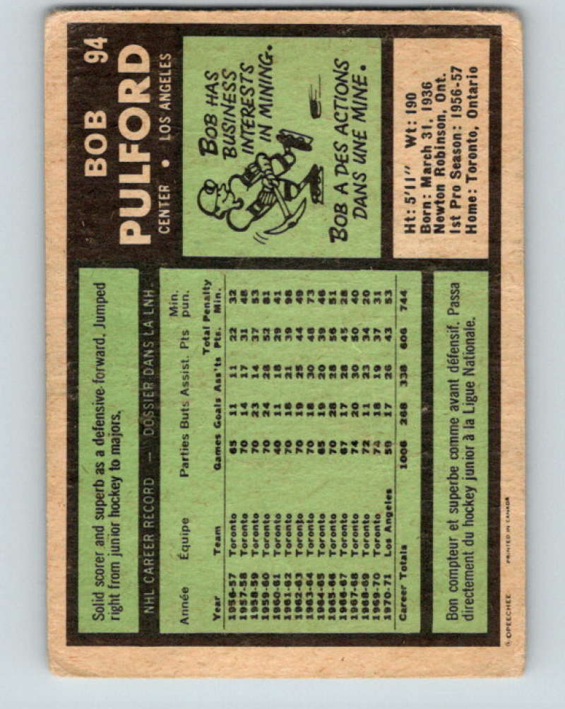 1971-72 O-Pee-Chee #94 Bob Pulford Los Angeles Kings 8789