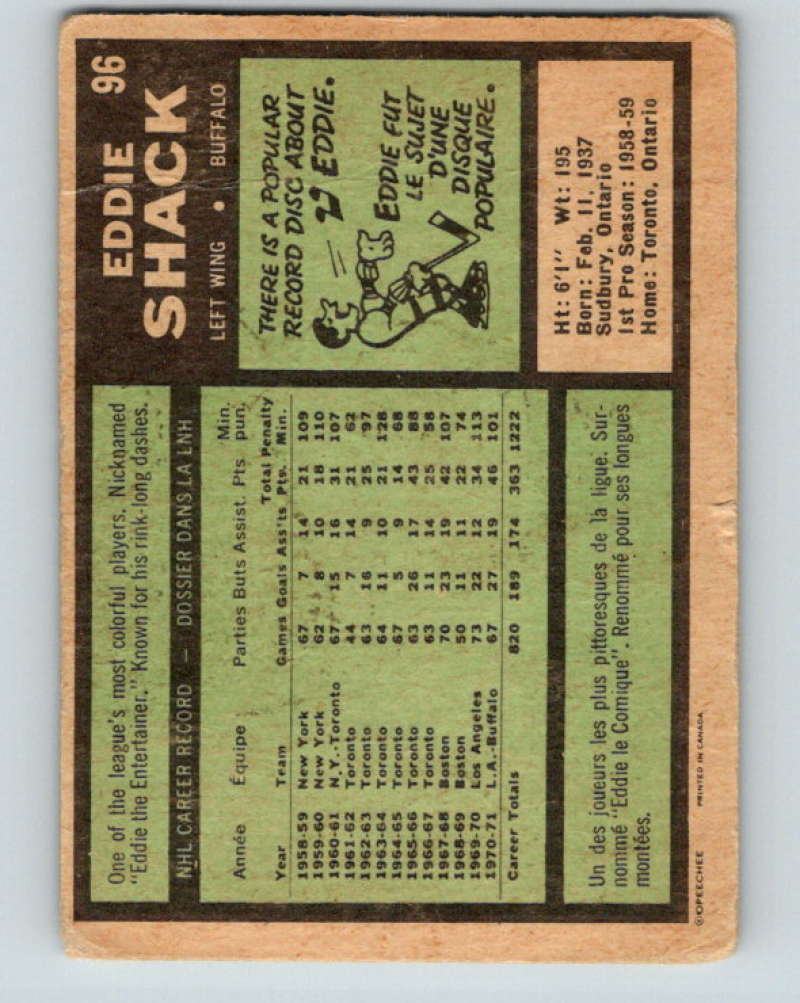 1971-72 O-Pee-Chee #96 Eddie Shack Buffalo Sabres 8791