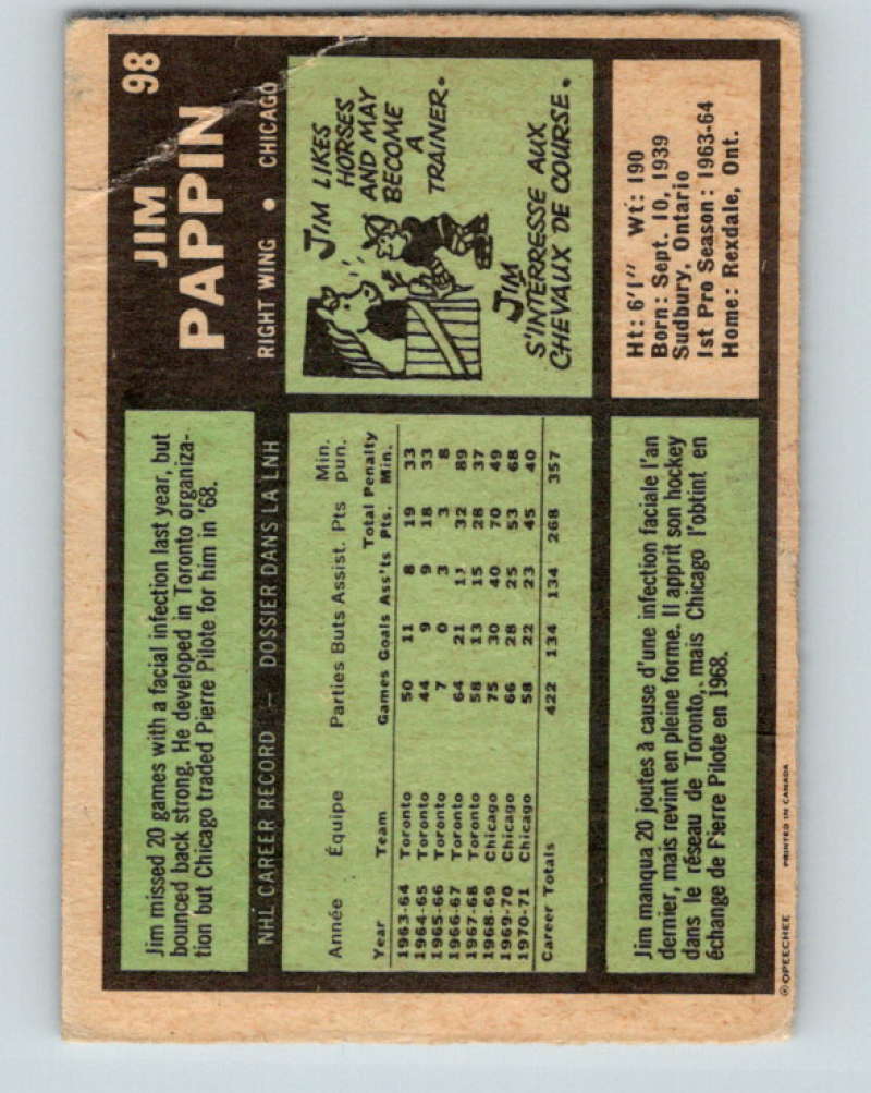 1971-72 O-Pee-Chee #98 Jim Pappin Chicago Blackhawks 8793