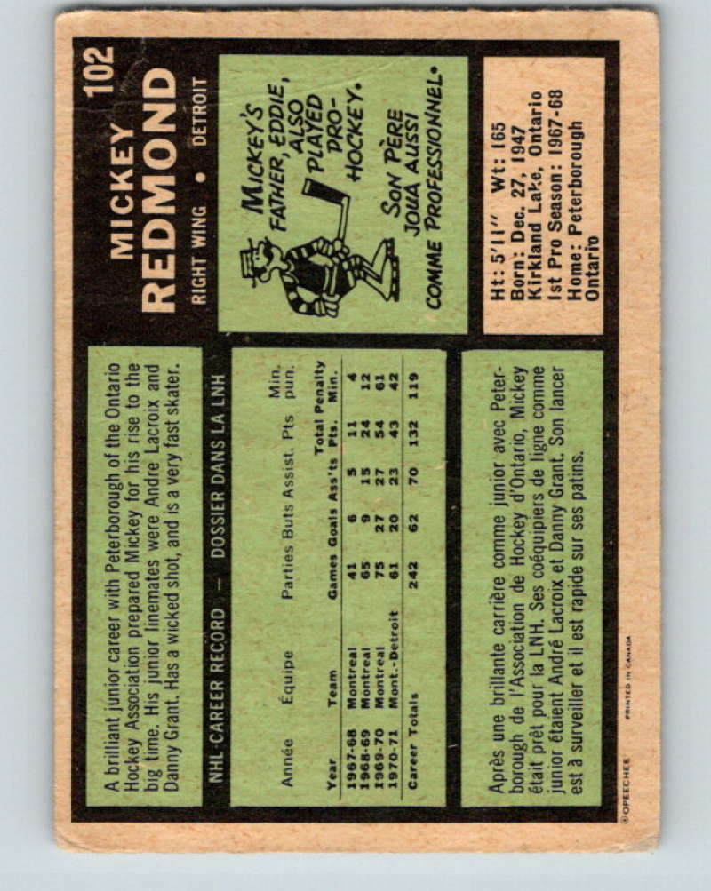 1971-72 O-Pee-Chee #102 Mickey Redmond Detroit Red Wings 8797