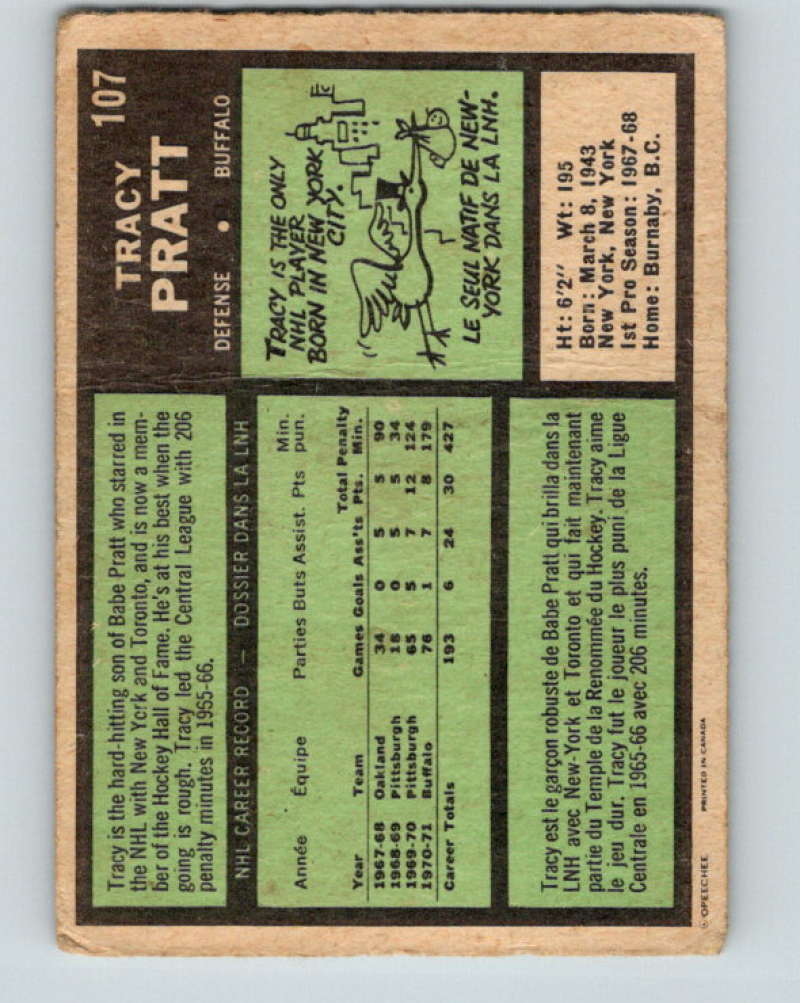 1971-72 O-Pee-Chee #107 Tracy Pratt Buffalo Sabres 8802