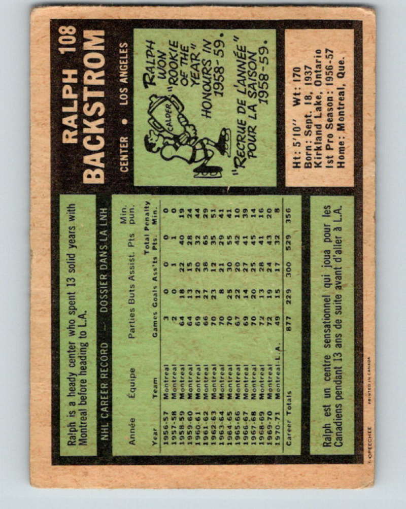 1971-72 O-Pee-Chee #108 Ralph Backstrom Los Angeles Kings 8803
