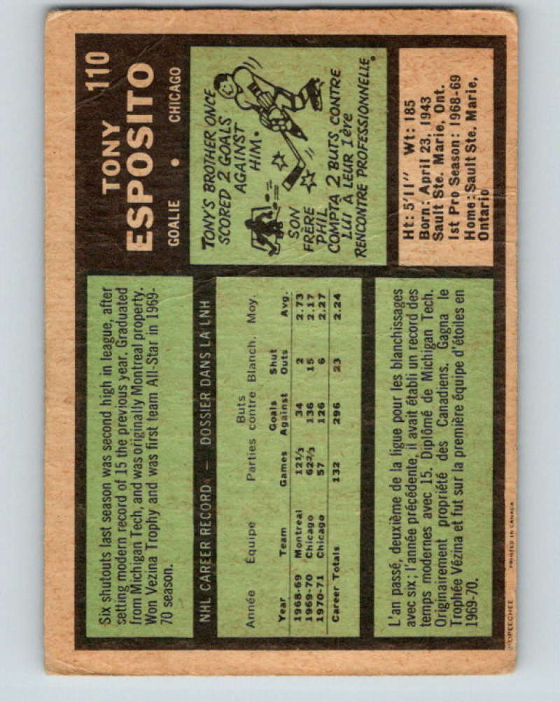 1971-72 O-Pee-Chee #110 Tony Esposito Chicago Blackhawks 8805