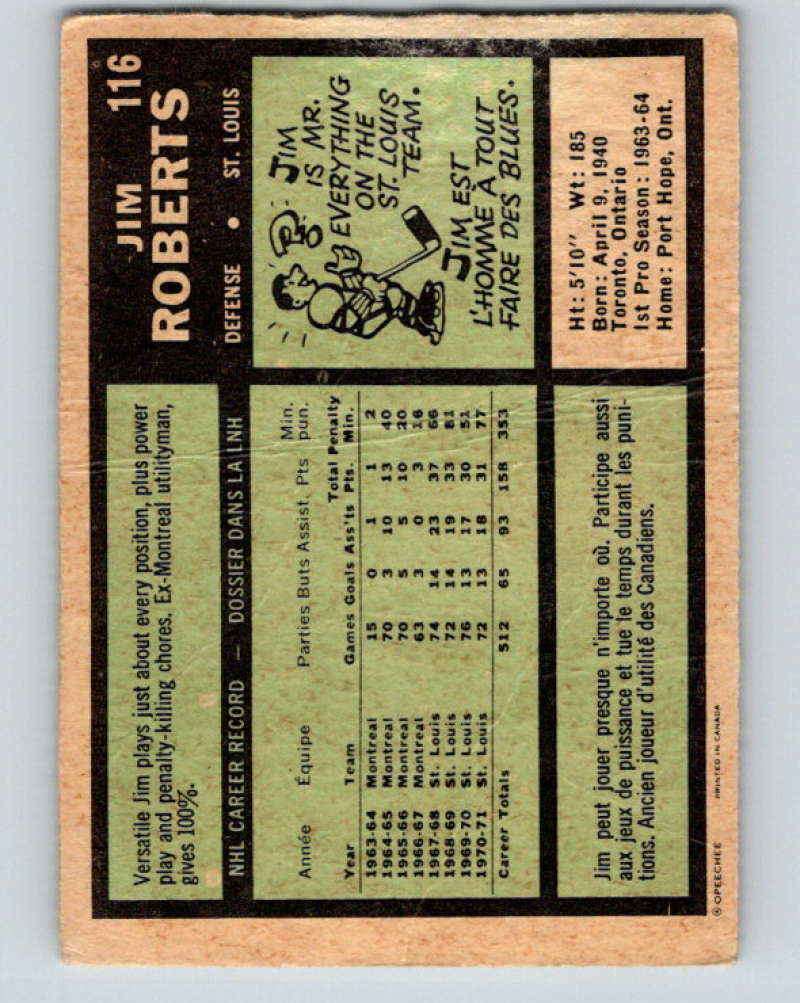 1971-72 O-Pee-Chee #116 Jim Roberts St. Louis Blues 8811