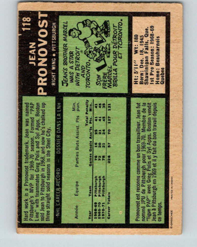 1971-72 O-Pee-Chee #118 Jean Pronovost Pittsburgh Penguins 8813