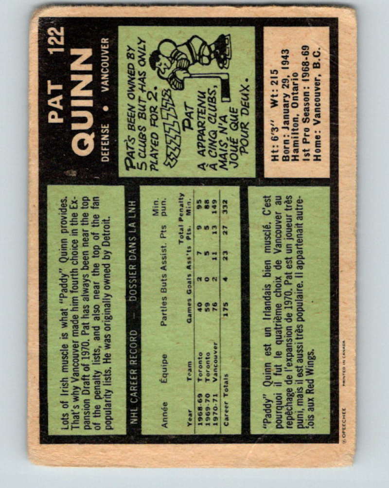 1971-72 O-Pee-Chee #122 Pat Quinn Vancouver Canucks 8817