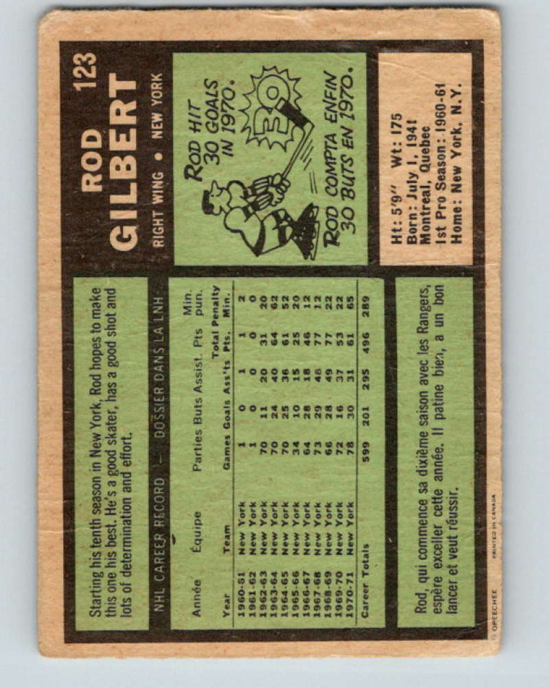1971-72 O-Pee-Chee #123 Rod Gilbert New York Rangers 8818