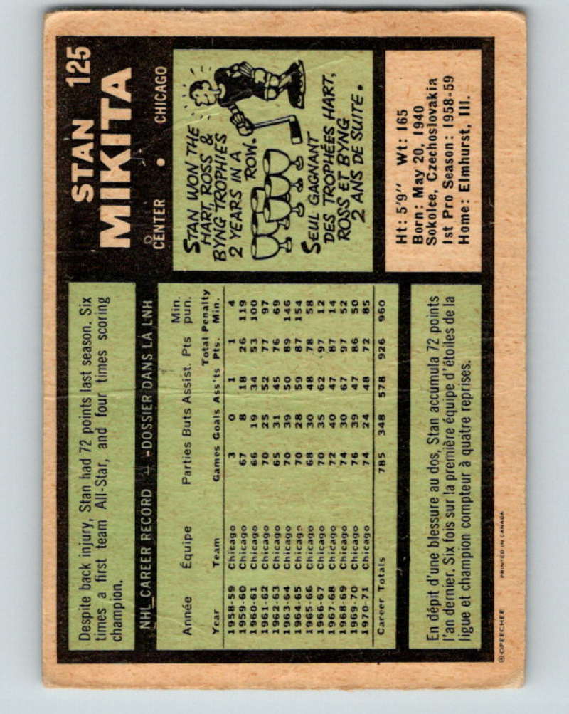 1971-72 O-Pee-Chee #125 Stan Mikita Chicago Blackhawks 8820