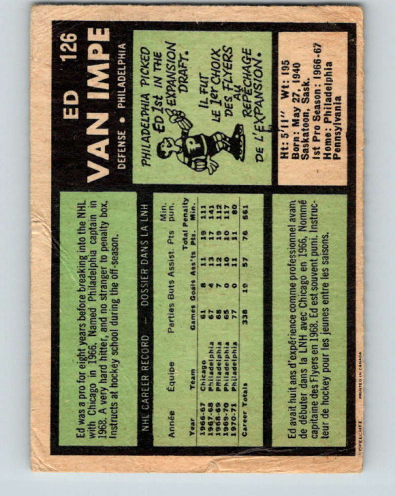 1971-72 O-Pee-Chee #126 Ed Van Impe Philadelphia Flyers 8821