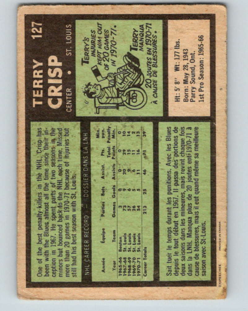 1971-72 O-Pee-Chee #127 Terry Crisp RC Rookie St. Louis Blues 8822