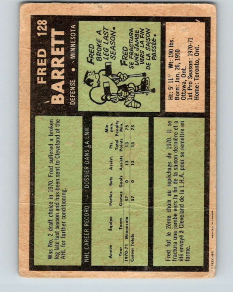 1971-72 O-Pee-Chee #128 Fred Barrett RC Rookie Minnesota North Stars 8823