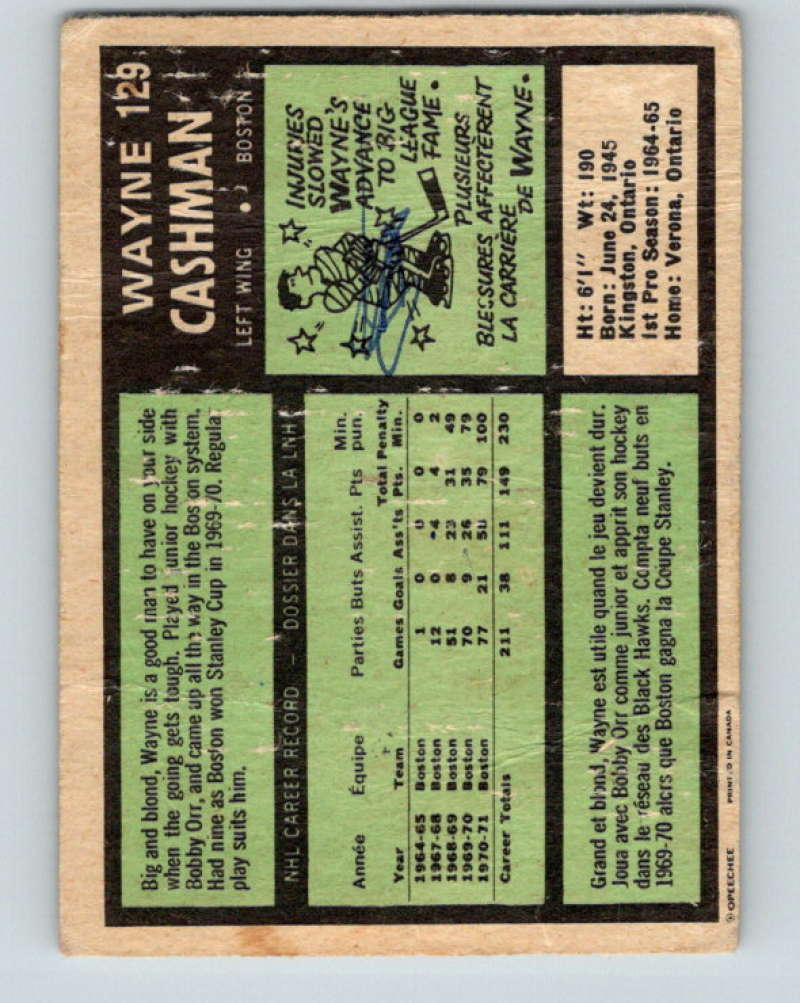 1971-72 O-Pee-Chee #129 Wayne Cashman Boston Bruins 8824