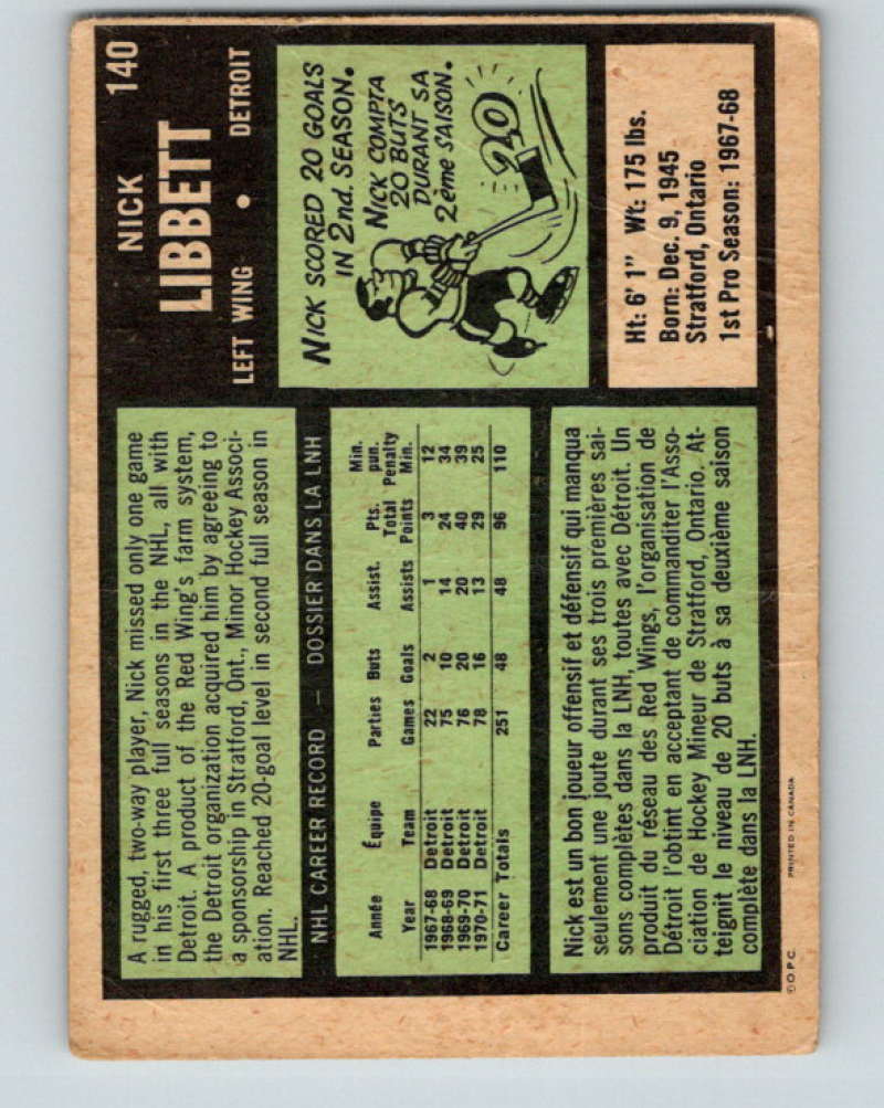 1971-72 O-Pee-Chee #140 Nick Libett Detroit Red Wings 8835