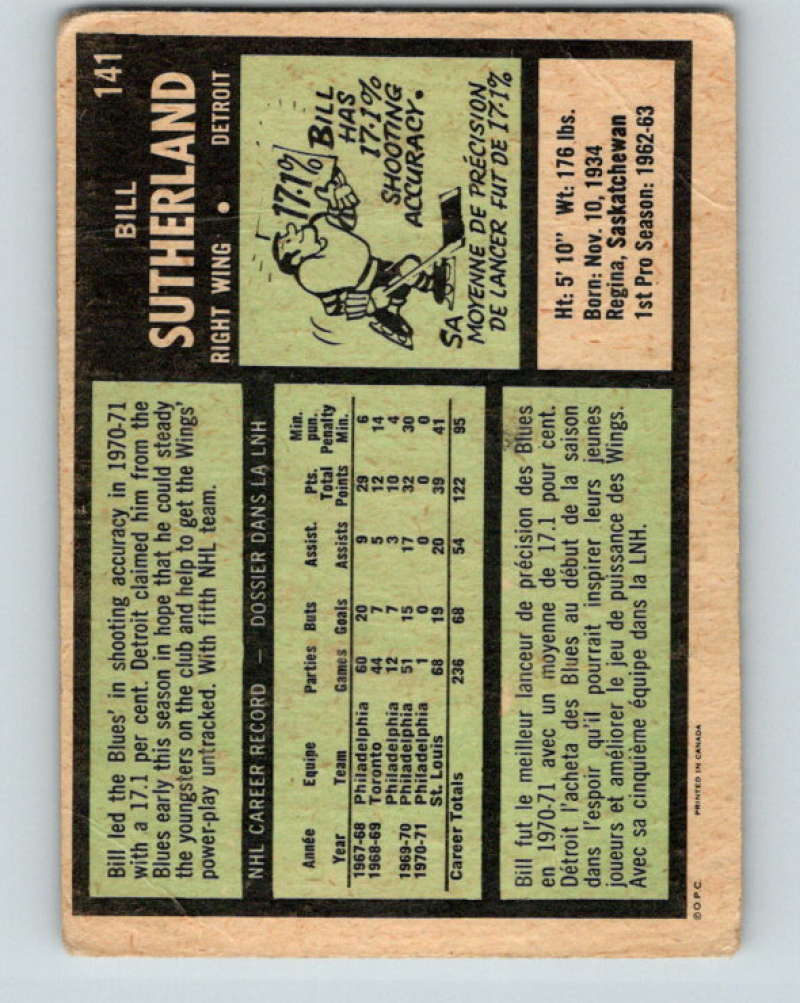 1971-72 O-Pee-Chee #141 Bill Sutherland Detroit Red Wings 8836 Image 2