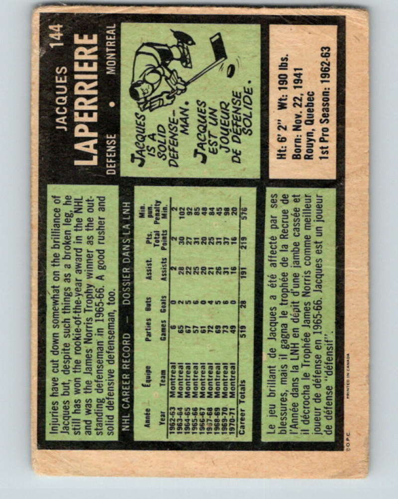 1971-72 O-Pee-Chee #144 Jacques Laperriere Montreal Canadiens 8839 Image 2