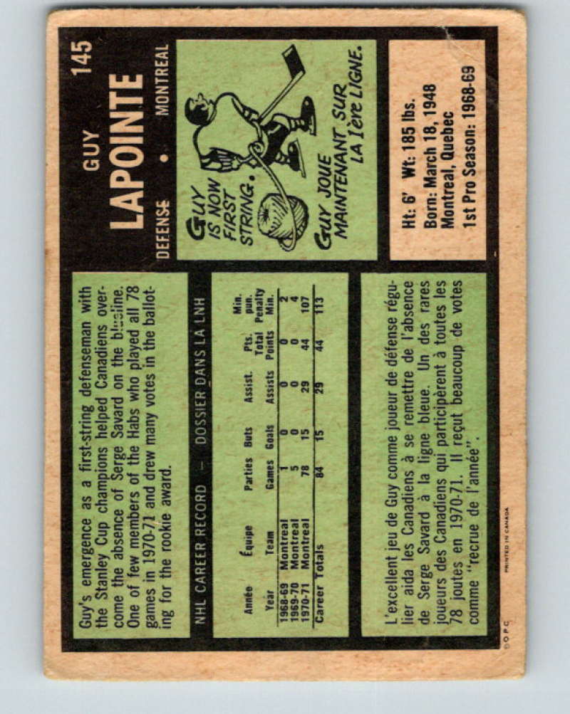 1971-72 O-Pee-Chee #145 Guy Lapointe Montreal Canadiens 8840